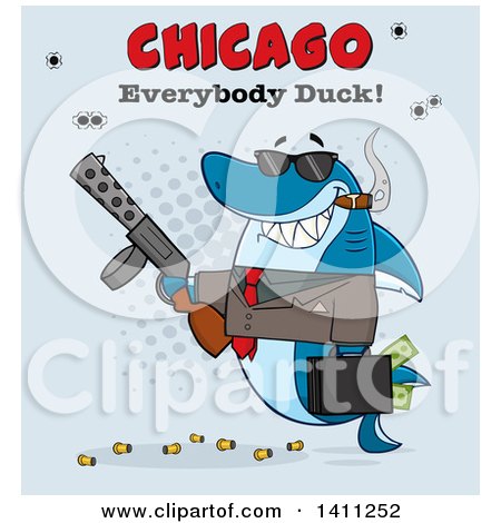 Clipart of a Cartoon Happy Shark Mascot Character Gangster Businessman Smoking a Cigar, Holding a Briefcase Full of Money and a Gun, with Text over Blue - Royalty Free Vector Illustration by Hit Toon