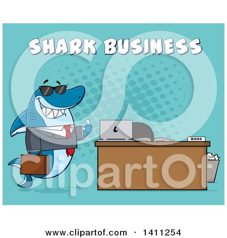Clipart of a Cartoon Business Shark Mascot Character Wearing Sunglasses and Giving a Thumb up by an Office Desk, with Text over Blue - Royalty Free Vector Illustration by Hit Toon