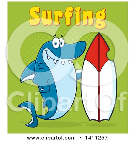 Clipart of a Cartoon Happy Shark Mascot Character with a Bite Taken out of a Surf Board and Surfing Text on Green - Royalty Free Vector Illustration by Hit Toon