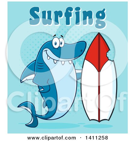 Clipart of a Cartoon Happy Shark Mascot Character with a Bite Taken out of a Surf Board and Surfing Text on Blue - Royalty Free Vector Illustration by Hit Toon