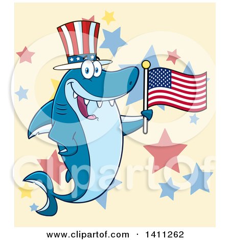 Clipart of a Cartoon Happy Shark Mascot Character Wearing a Top Hat and Waving an American Flag over Stars - Royalty Free Vector Illustration by Hit Toon