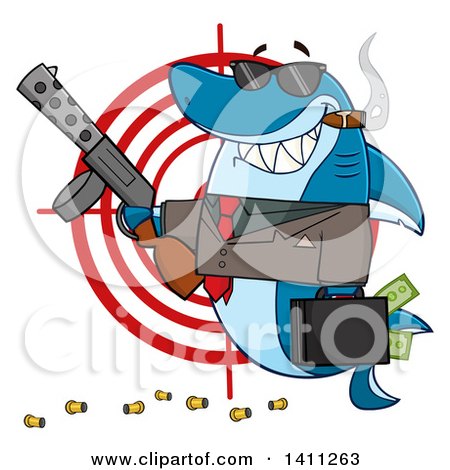 Clipart of a Cartoon Happy Shark Mascot Character Gangster Businessman Smoking a Cigar, Holding a Briefcase Full of Money and a Gun over a Target - Royalty Free Vector Illustration by Hit Toon