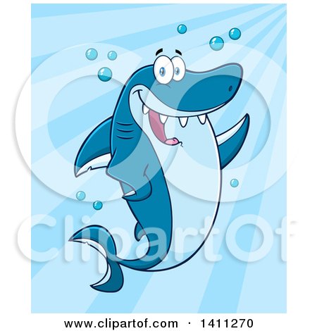 Clipart of a Cartoon Happy Shark Mascot Character Waving or Presenting over Blue - Royalty Free Vector Illustration by Hit Toon