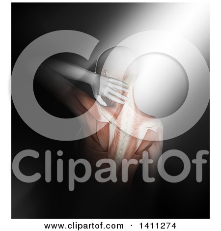 Clipart of a Light Shining on a 3d Anatomical Woman with Neck Pain and Visible Muscles - Royalty Free Illustration by KJ Pargeter
