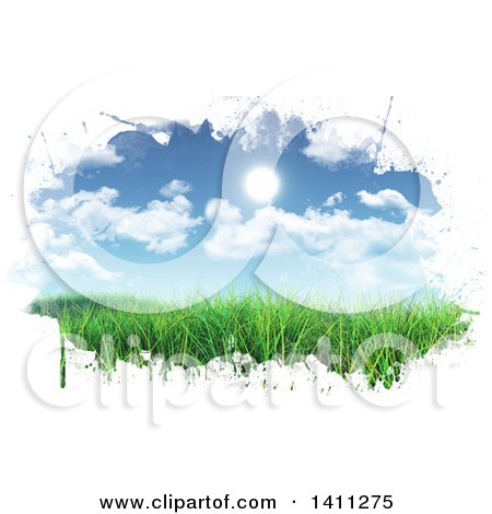 Clipart of a Scene of a Sunny Blue Sky with Clouds over Grass, with White Grunge Edges - Royalty Free Illustration by KJ Pargeter