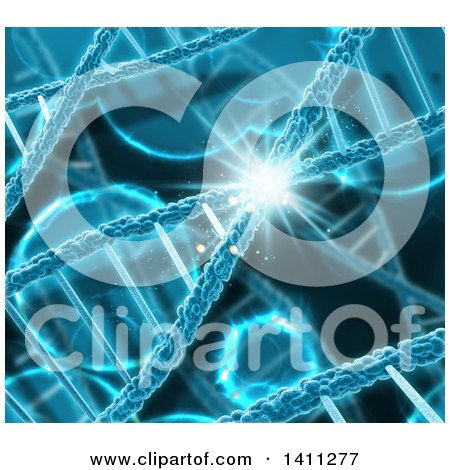 Clipart of a Background of 3d Diagonal Dna Strands in Blue with a Flare - Royalty Free Illustration by KJ Pargeter