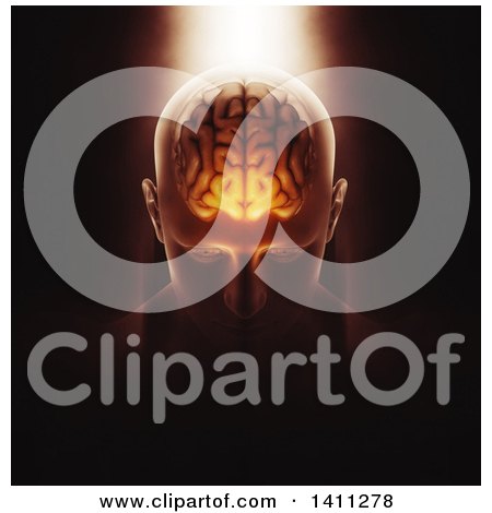 Clipart of a Dramatic Light Shining down on a 3d Man with a Visible Glowing Brain, over Black - Royalty Free Illustration by KJ Pargeter