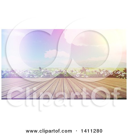 Clipart of a 3d Wood Table or Deck Against Daisies and a Sunny Valley with Dramatic Sunset Lighting - Royalty Free Illustration by KJ Pargeter