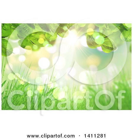 Clipart of a Background of Grass and Leaves Against Green Bokeh - Royalty Free Illustration by KJ Pargeter