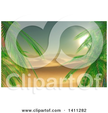 Clipart of a 3d Palm Trees Framing a Landscape Background of a Desert Sunset - Royalty Free Illustration by KJ Pargeter