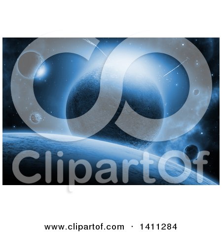 Clipart of a 3d Background of Fictional Planets in Blue Tones - Royalty Free Illustration by KJ Pargeter