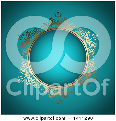 Clipart of a Beautiful Round Golden Floral Frame over Blue - Royalty Free Vector Illustration by KJ Pargeter