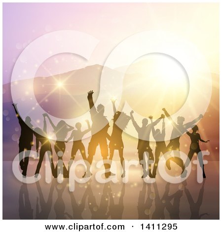 Clipart of a Group of Silhouetted Dancers over Mountains at Sunset - Royalty Free Vector Illustration by KJ Pargeter
