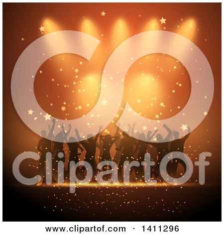Clipart of a Group of Silhouetted Dancers over Orange Lights and Stars - Royalty Free Vector Illustration by KJ Pargeter
