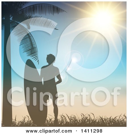 Clipart of a Silhouetted Male Surfer with a Board by a Palm Tree Against a Sunset - Royalty Free Vector Illustration by KJ Pargeter