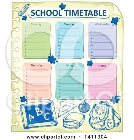 Clipart of a School Timetable with Sketched Supplies - Royalty Free Vector Illustration by visekart