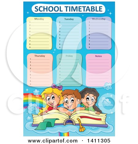 Clipart of School Children on a Book Under a Timetable - Royalty Free Vector Illustration by visekart