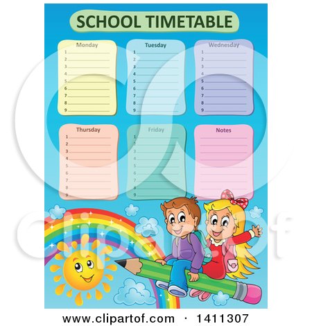 Clipart of a School Timetable with Children Flying on a Pencil - Royalty Free Vector Illustration by visekart