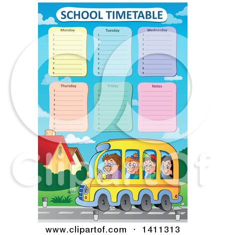 Clipart of School Children on a Bus Under a Timetable - Royalty Free Vector Illustration by visekart