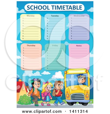 Clipart of School Children Boarding a Bus Under a Timetable - Royalty Free Vector Illustration by visekart