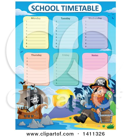 Clipart of a School Timetable with a Pirate on an Island - Royalty Free Vector Illustration by visekart