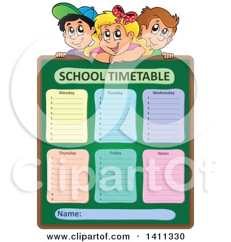 Clipart of School Children over a Timetable - Royalty Free Vector Illustration by visekart