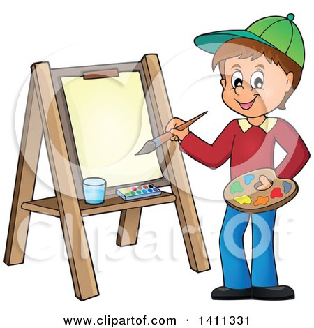 Clipart of a Cartoon Caucasian Boy Painting on Canvas - Royalty Free Vector Illustration by visekart
