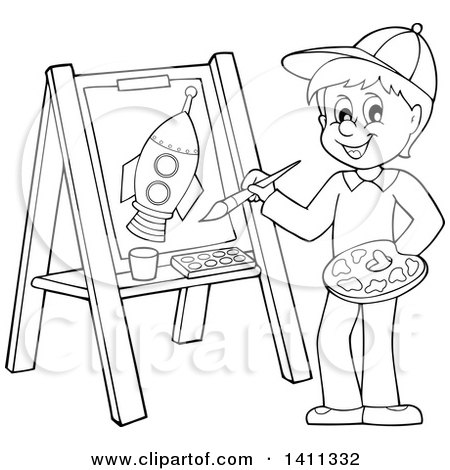 Clipart of a Cartoon Black and White Lineart Boy Painting a Flower on Canvas - Royalty Free Vector Illustration by visekart