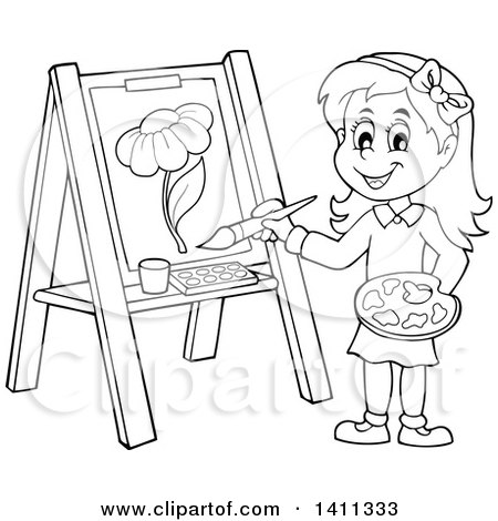 Clipart of a Cartoon Black and White Lineart Girl Painting a Flower on Canvas - Royalty Free Vector Illustration by visekart
