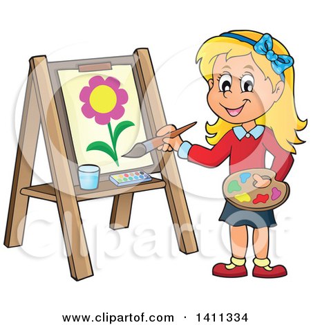 Clipart of a Cartoon Caucasian Girl Painting a Flower on Canvas - Royalty Free Vector Illustration by visekart