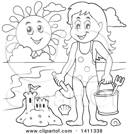 Clipart of a Black and White Lineart Happy Girl with a Sand Castle and Happy Sun on a Beach - Royalty Free Vector Illustration by visekart