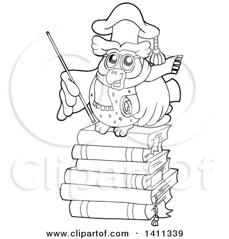Clipart of a Black and White Lineart Professor Owl on Books - Royalty Free Vector Illustration by visekart