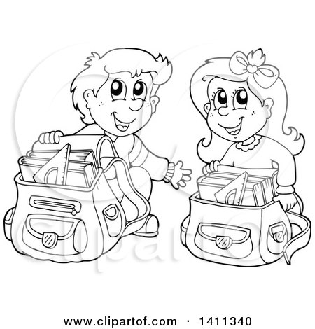 Clipart of a Black and White Lineart School Boy and Girl Going Through Their Backpacks - Royalty Free Vector Illustration by visekart