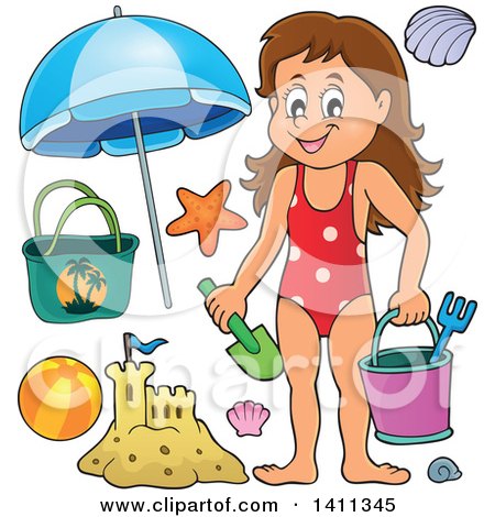 Clipart of a Happy Caucasian Girl Carrying a Beach Bucket and Shovel, with Other Items - Royalty Free Vector Illustration by visekart