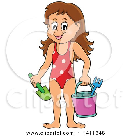 Clipart of a Happy Caucasian Girl Carrying a Beach Bucket and Shovel - Royalty Free Vector Illustration by visekart
