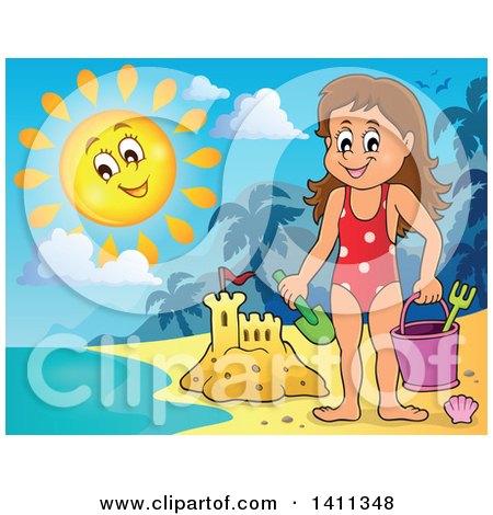 Clipart of a Happy Caucasian Girl by a Sand Castle, and a Happy Sun - Royalty Free Vector Illustration by visekart