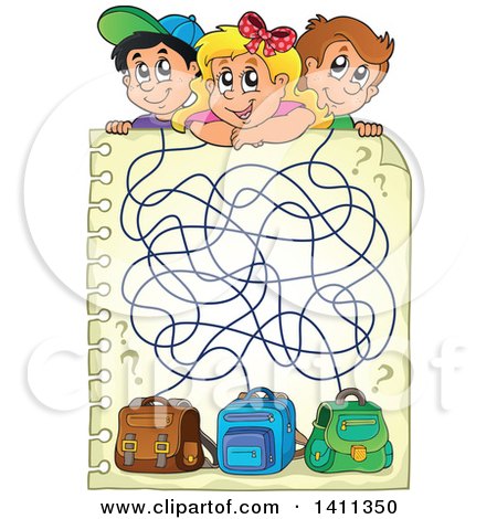Clipart of a Maze Game of Children and Their Backpacks - Royalty Free Vector Illustration by visekart