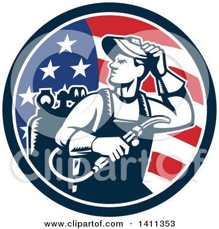 Clipart of a Retro Welder Man Looking over His Shoulder in an American Flag Circle - Royalty Free Vector Illustration by patrimonio