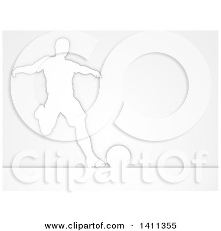 Clipart of a Silhouetted Male Soccer Football Player About to Kick the Ball, over Gray - Royalty Free Vector Illustration by AtStockIllustration