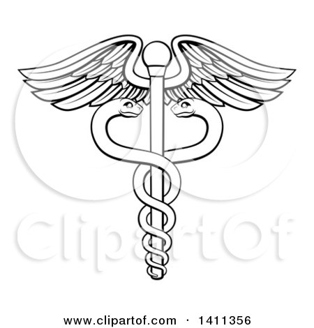 Clipart of a Black and White Lineart Medical Caduceus with Snakes on a Winged Rod - Royalty Free Vector Illustration by AtStockIllustration