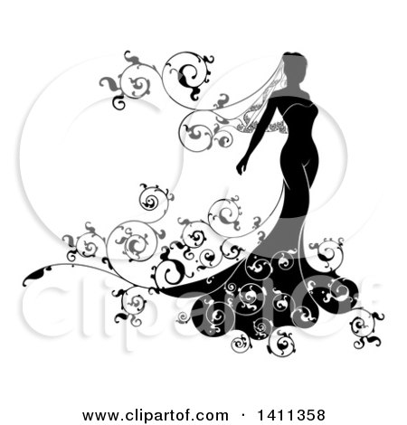 Clipart of a Silhouetted Black and White Bride in Her Dress, with Floral Swirls - Royalty Free Vector Illustration by AtStockIllustration