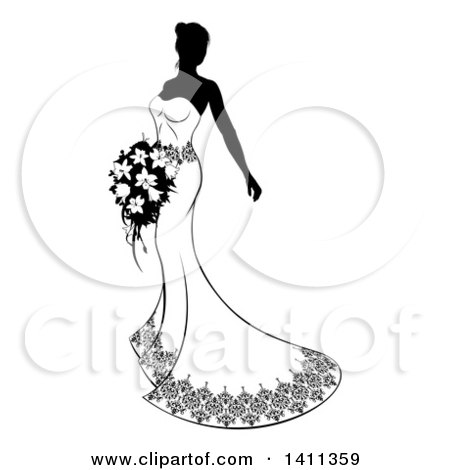 Clipart of a Silhouetted Black and White Bride in Her Dress, Holding a Bouquet - Royalty Free Vector Illustration by AtStockIllustration