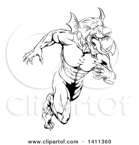 Clipart of a Black and White Muscular Aggressive Welsh Dragon Man Mascot Sprinting Upright - Royalty Free Vector Illustration by AtStockIllustration