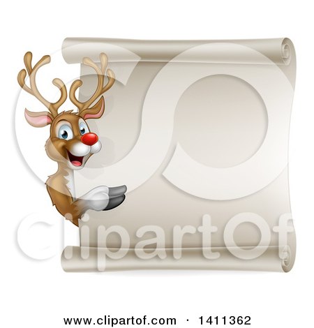 Clipart of a Happy Rudolph Red Nosed Reindeer Pointing Around a Scroll Sign - Royalty Free Vector Illustration by AtStockIllustration