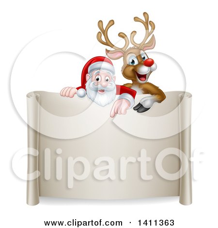 Clipart of a Christmas Red Nosed Reindeer and Santa Pointing down over a Scroll Sign - Royalty Free Vector Illustration by AtStockIllustration