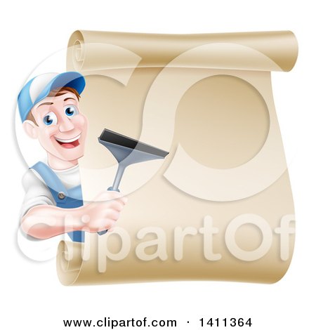 Clipart of a Happy Middle Aged Brunette Caucasian Window Cleaner Man in Blue, Holding a Squeegee Around a Scroll Sign - Royalty Free Vector Illustration by AtStockIllustration