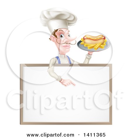 Clipart of a White Male Chef with a Curling Mustache, Holding a Hot Dog and Fries on a Platter and Pointing down over a White Menu Board Sign - Royalty Free Vector Illustration by AtStockIllustration