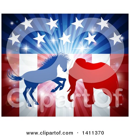 Clipart of a Silhouetted Political Democratic Donkey or Horse and Republican Elephant Fighting over an American Design and Burst - Royalty Free Vector Illustration by AtStockIllustration