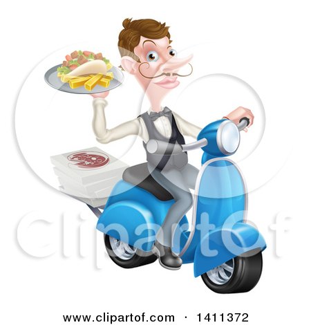 Clipart of a White Male Waiter with a Curling Mustache, Holding a Souvlaki Kebab Sandwich and Fries on a Scooter - Royalty Free Vector Illustration by AtStockIllustration