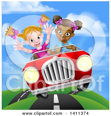 Clipart of a Happy Black Girl Driving a Red Convertible Car with a White Girl in the Passenger Seat - Royalty Free Vector Illustration by AtStockIllustration